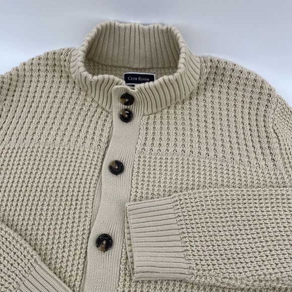 Club Room Chunky Waffle Cardigan Sweater Mens Large Grandpa Dad Cotton Beige Tan - Picture 1 of 10